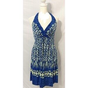 Soma Blue Ikat Halter Dress Soft Stretchy Knee Length build in bra Women’s Sz XL